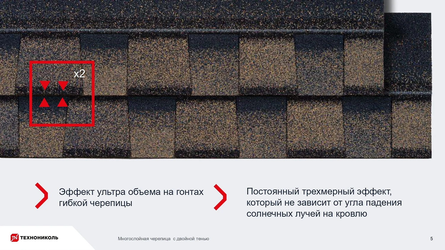 Многослойная гибкая черепица с технологией «Двойная тень»